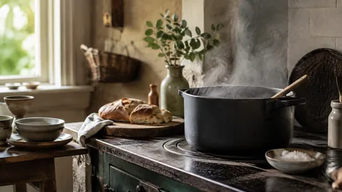 Hero wide: a large pot steaming on a rustic hob, bowls and crusty bread arranged nearby.