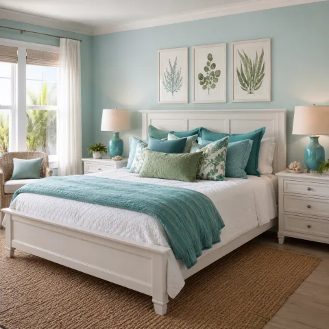 Wide establishing shot of the coastal teal bedroom bed setup