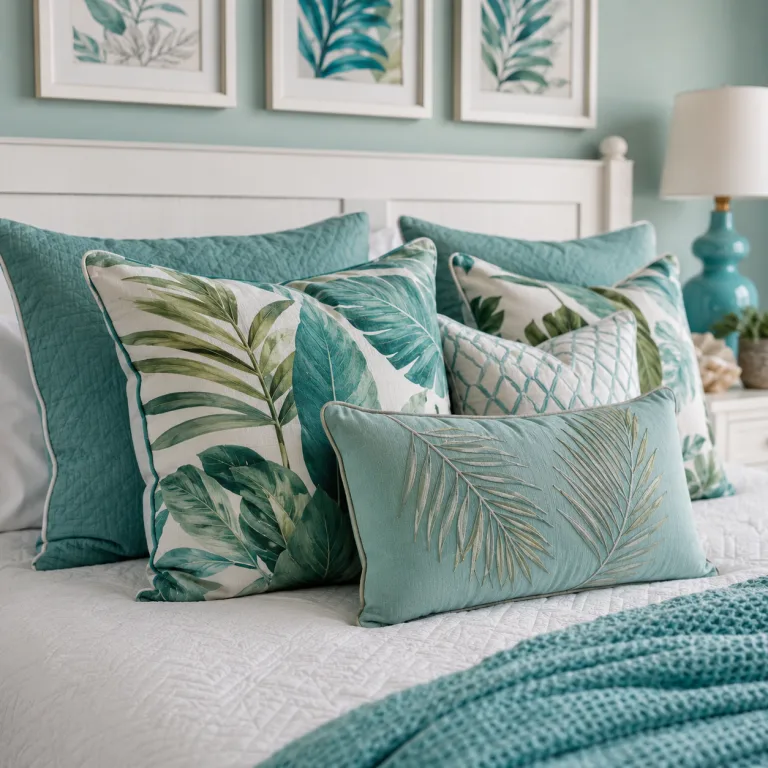 Detail shot of botanical teal and white throw pillows