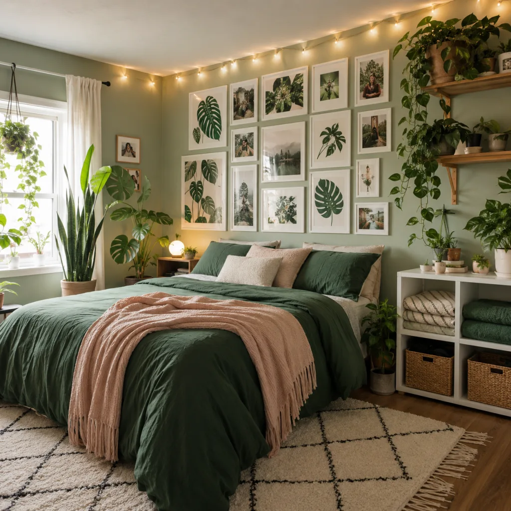Wide establishing shot of a mint-green bedroom with a wall gallery and string lights