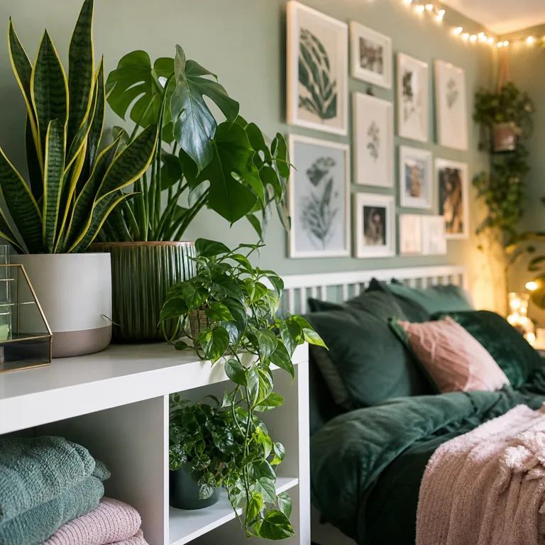 Close-up of snake plants and monstera on a white shelf by the bed