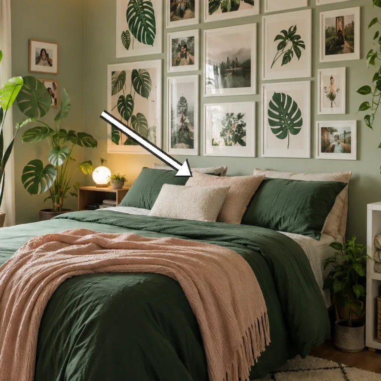 Close-up frame wall with botanical prints arranged in a grid along mint walls